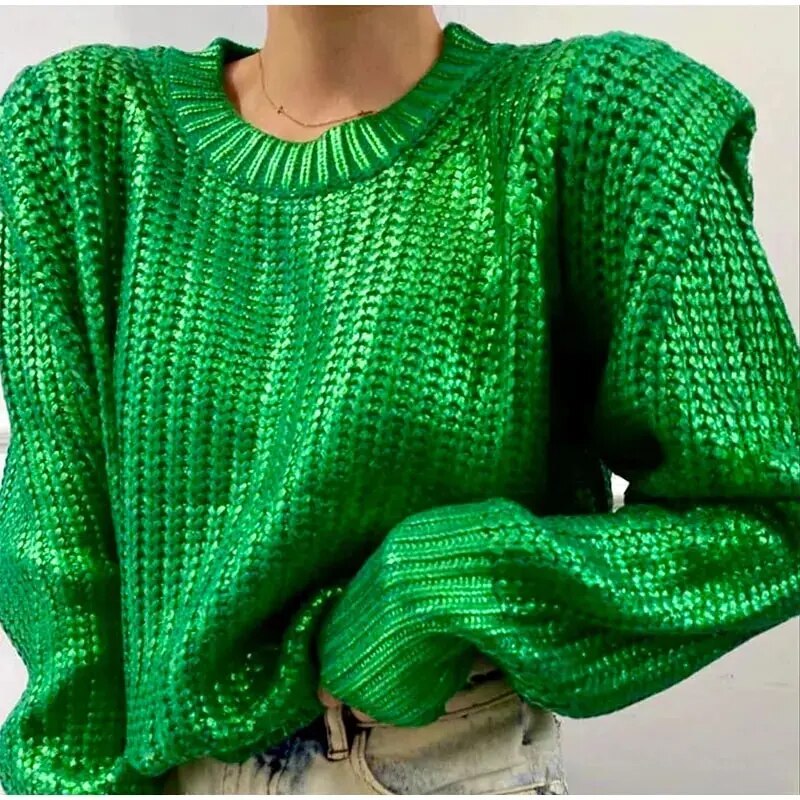 Janet O Neck Shiny Metallic Color Knit Women Sweater