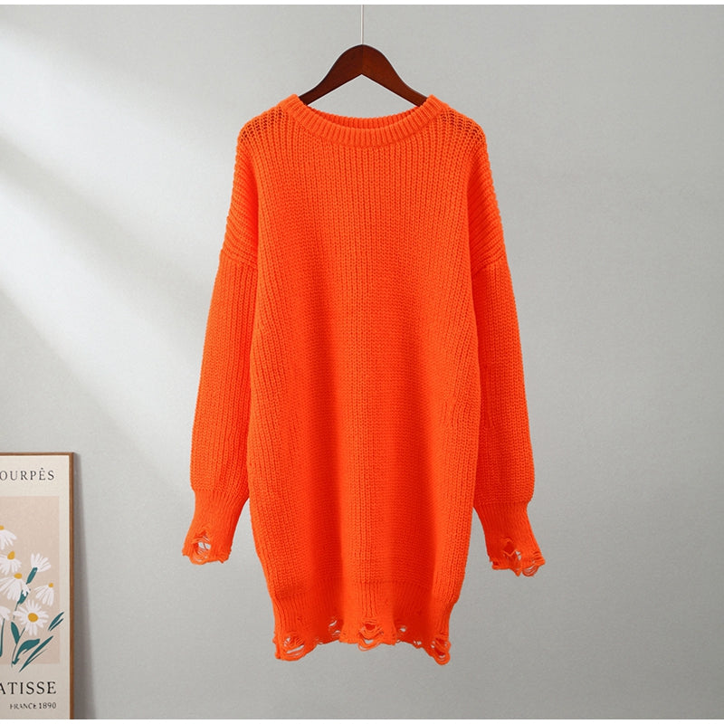 Cindy Ripped Crew Neck Long Sleeve Women Knit Sweater