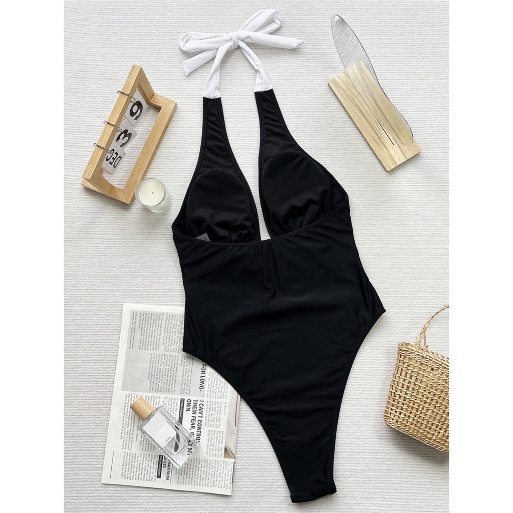 Jamie Bow Splicing Deep V Neck Halter One Piece Swimsuit