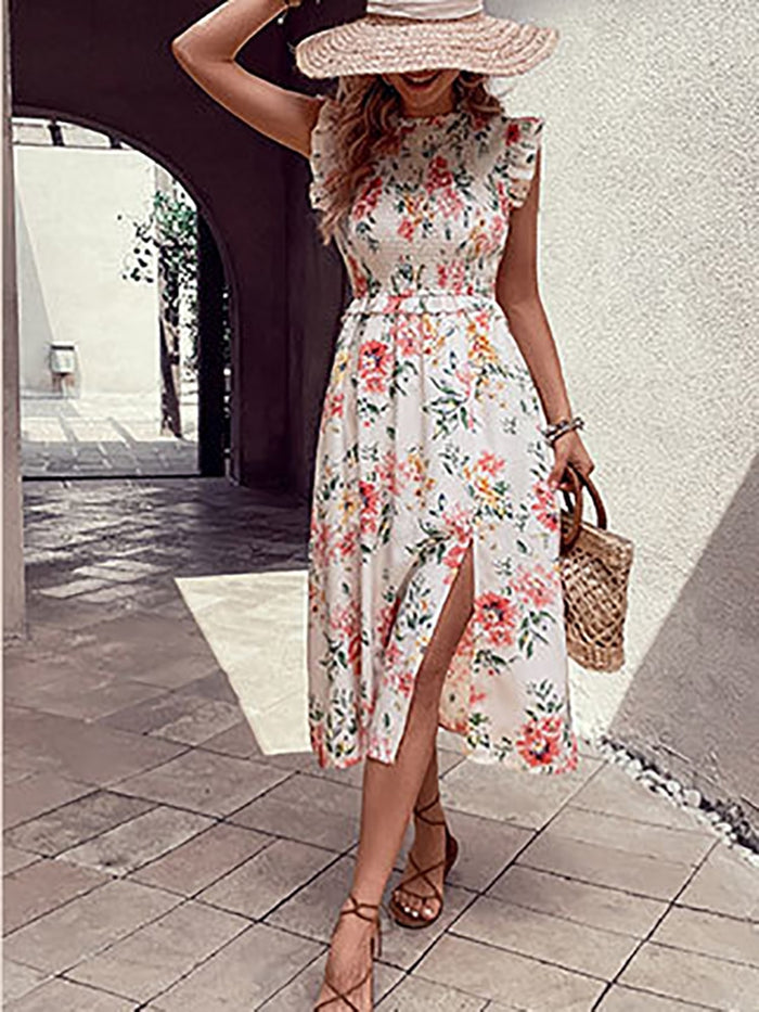 Summer New Women Elegant Midi Dresses Casual Holiday Floral Print Party Robe Vsetdios