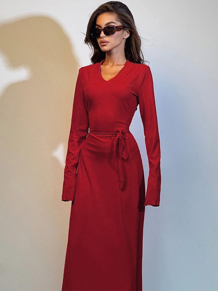 Shirley V Neck Lace-up Long Sleeve Maxi Dress