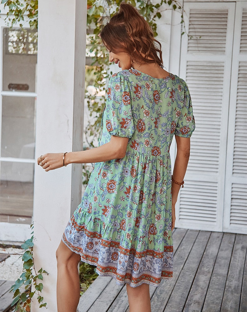 Bonnie Floral Puff Sleeve Summer Midi Dress