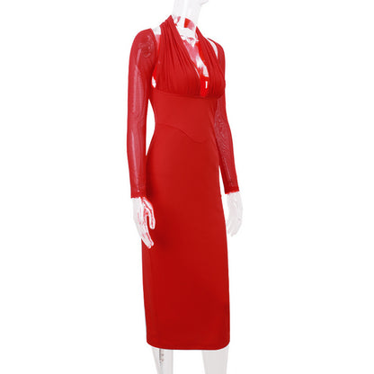 Teresa Halter Deep V Neck Sexy Midi Dress