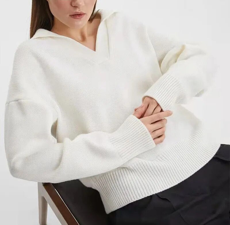 Whitney Solid V-Neck Turn-Down Collar Women Sweater