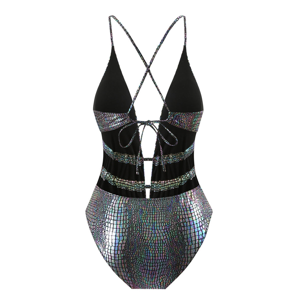 Rebecca Sexy Deep V Neck Snake Skin One Piece Swimsuit