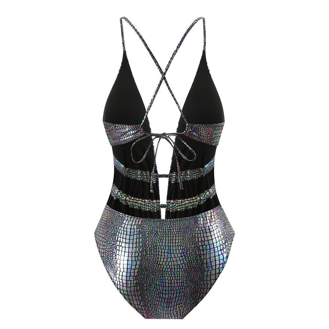 Rebecca Sexy Deep V Neck Snake Skin One Piece Swimsuit