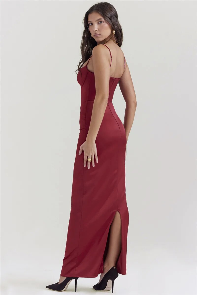 Joanna Satin Spaghetti Strap Backless Bodycon Maxi Dress