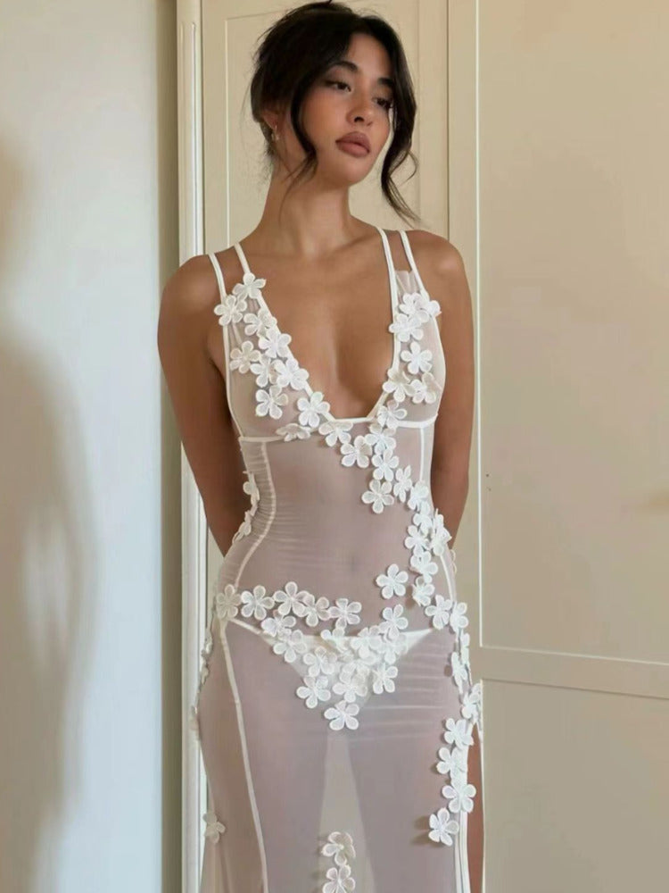 Elizabeth Lace See Through Floral Flower Sexy Maxi Dress