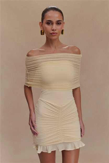 Pamela Mesh Strapless Off-shoulder Sexy Ruffled Mini Dress