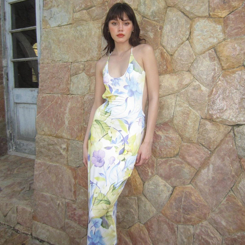 Carmen Backless Floral Print Slip Maxi Dress