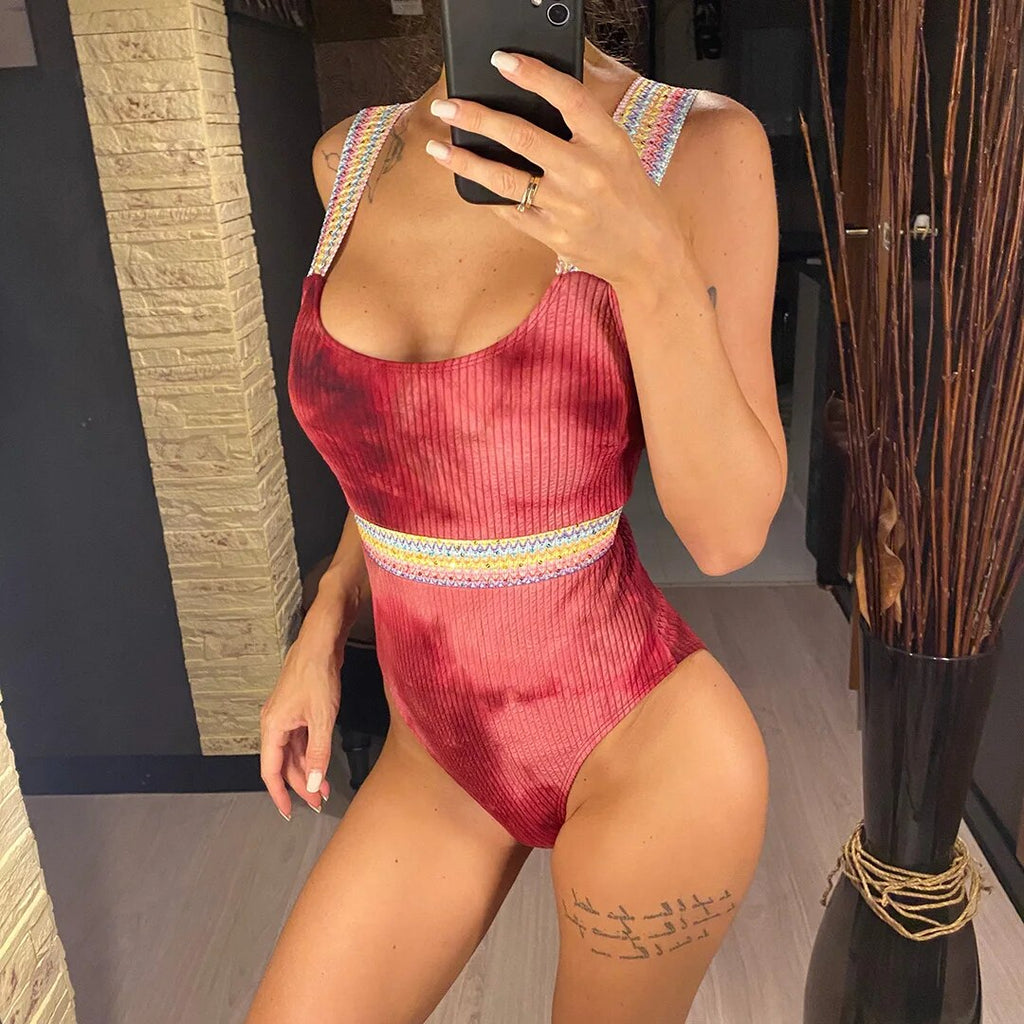 Aimee Tie Dye Ribbed High Leg Cut One Piece Swimsuit