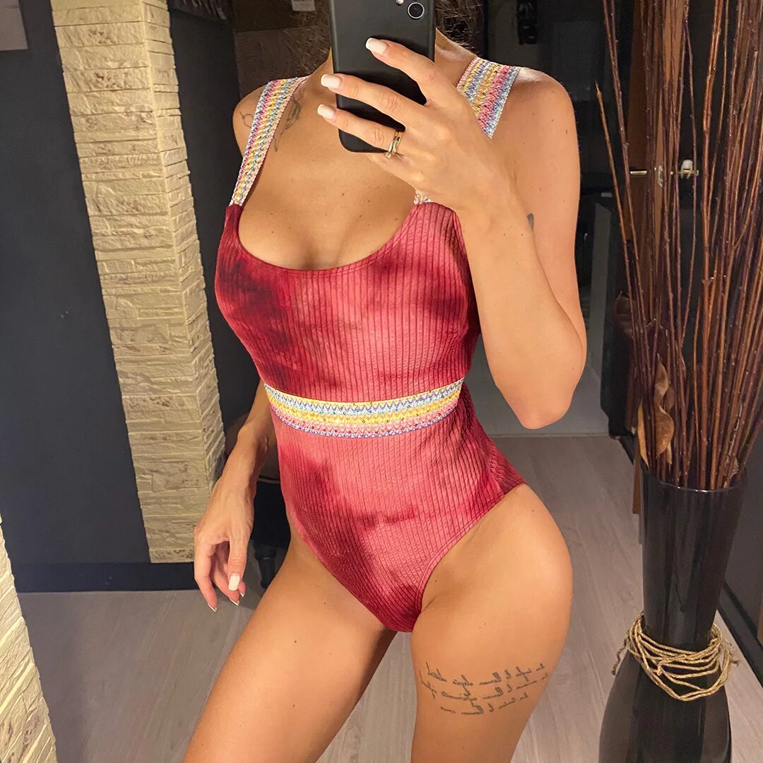 Aimee Tie Dye Ribbed High Leg Cut One Piece Swimsuit