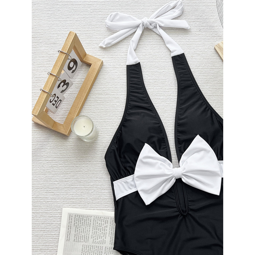 Jamie Bow Splicing Deep V Neck Halter One Piece Swimsuit