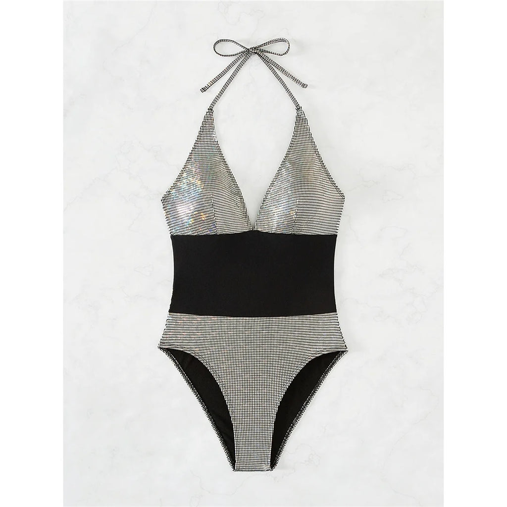 Anita V Neck Halter Plaid High Leg Cut One Piece Swimsuit