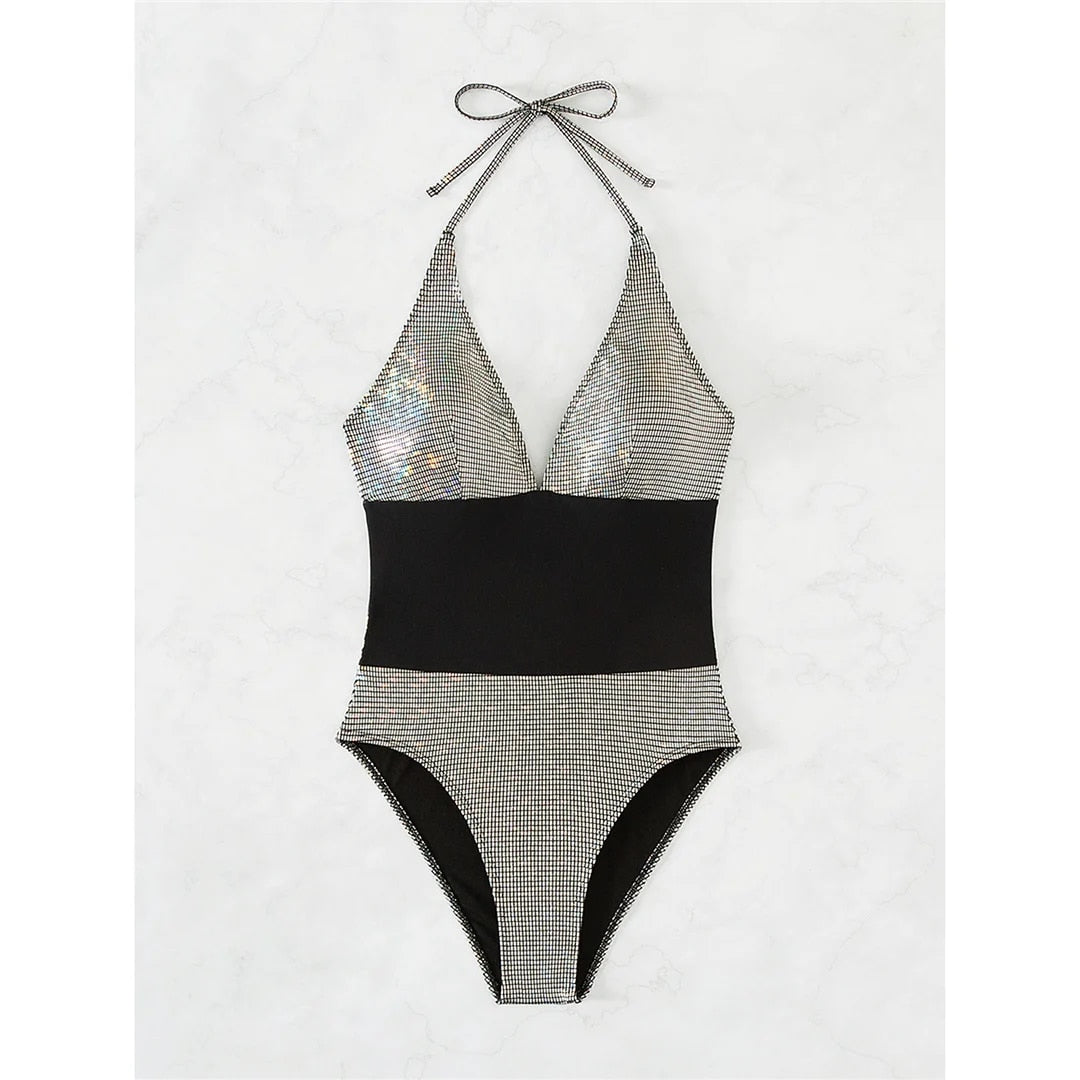 Anita V Neck Halter Plaid High Leg Cut One Piece Swimsuit