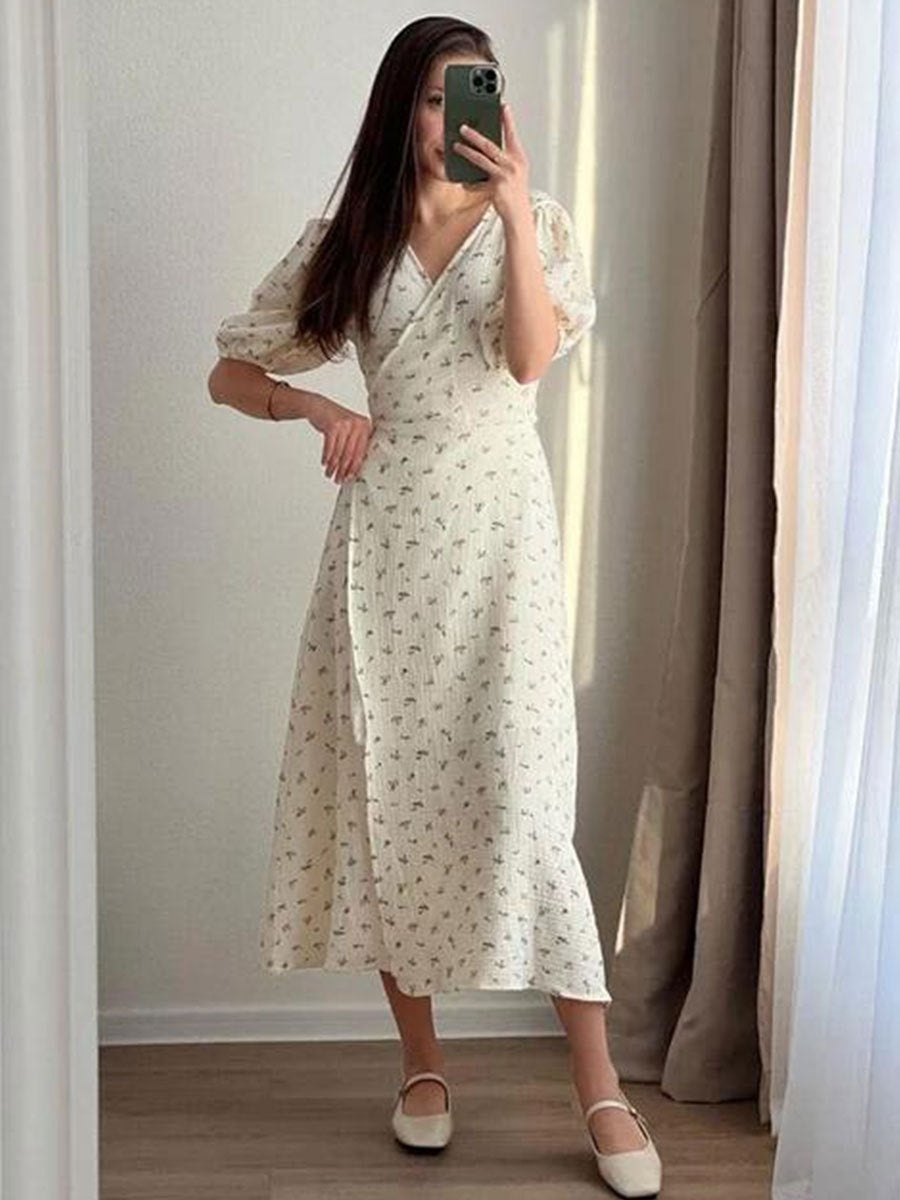 Laura V-Neck Printed Lace-Up Maxi Dress