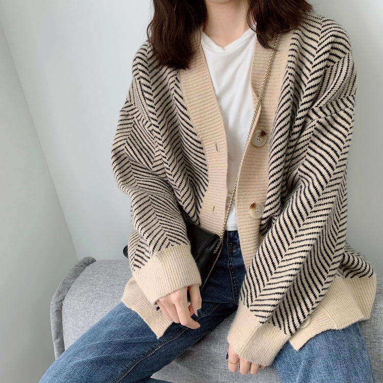 Lillian V-Neck Striped Loose-Fitting Women Cardigan