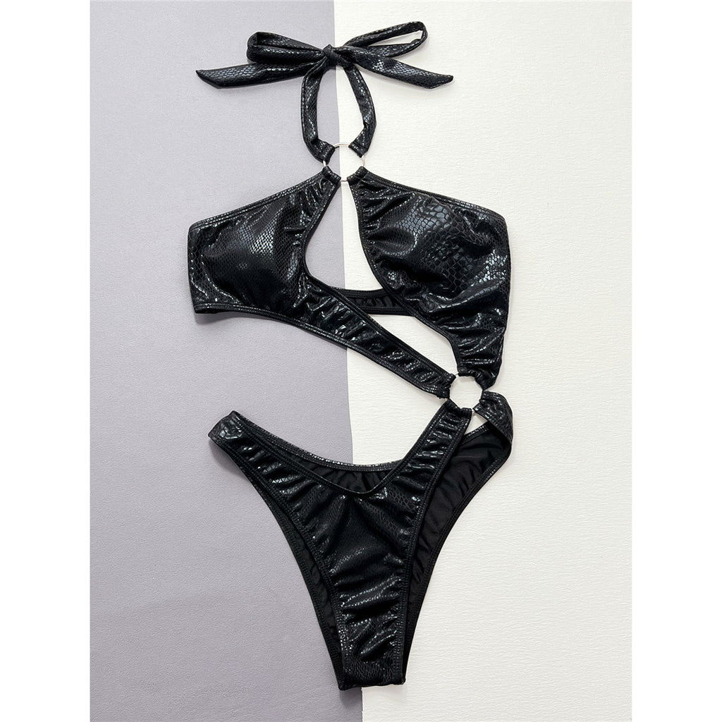 Lucy Snake Skin Asymmetric Cut Out Halter Monokini
