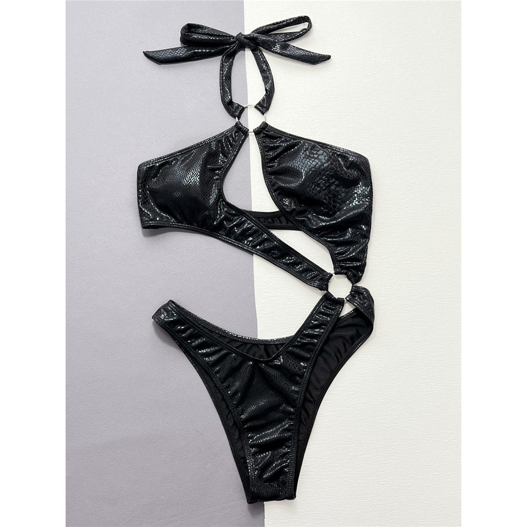 Lucy Snake Skin Asymmetric Cut Out Halter Monokini