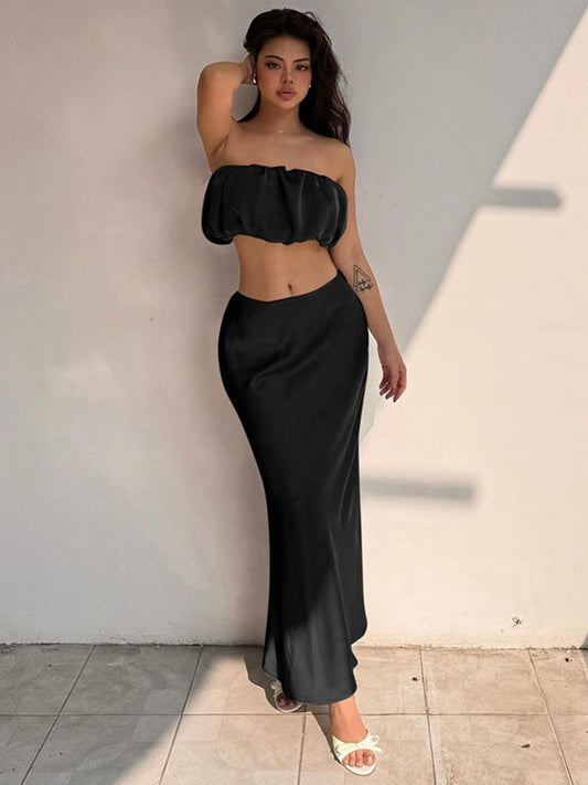 Tara Satin Ruffled Long Skirt Suit