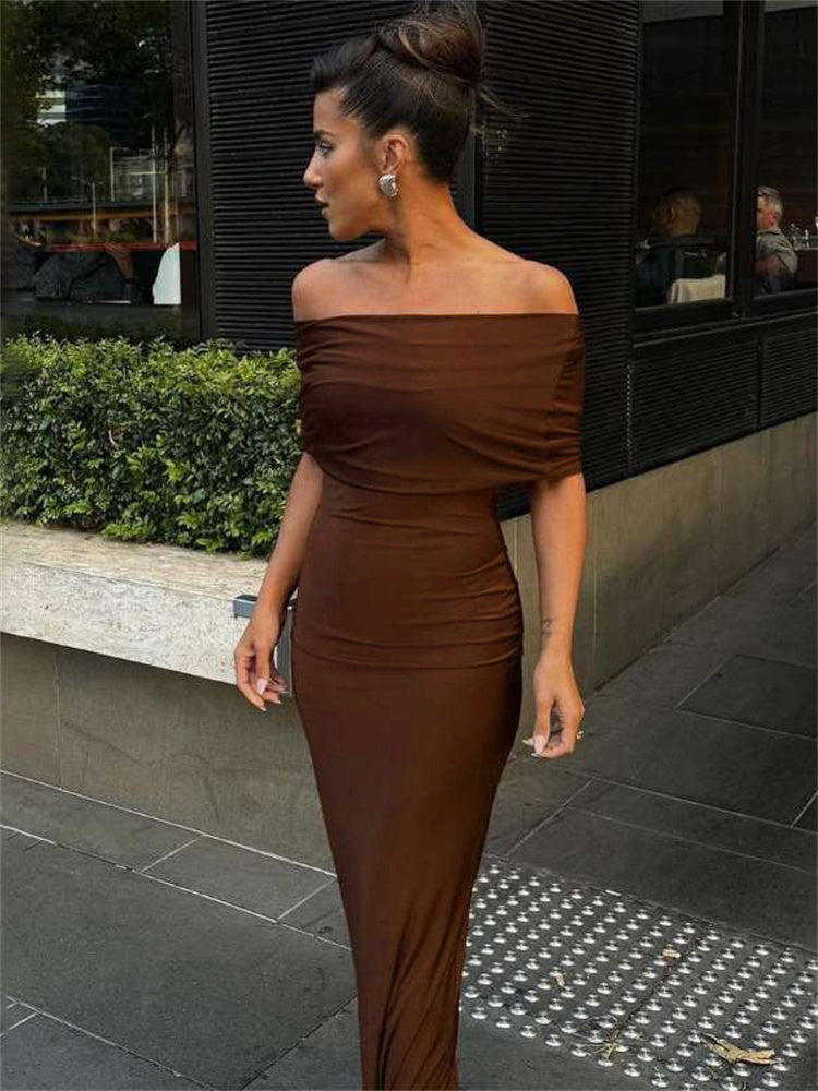 Wendy Pleated Off-Shoulder Elegant Long Dress