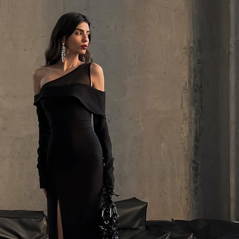 Rebecca Black Oblique Shoulder Split Maxi Dress