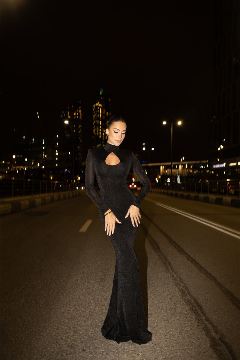 Marion Hollow Out Turtleneck Long Sleeve Sexy Maxi Dress