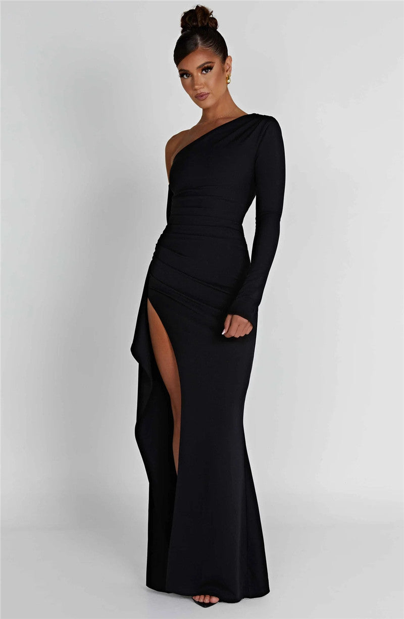 Natalie Oblique Shoulder Thigh High Split Maxi Dress