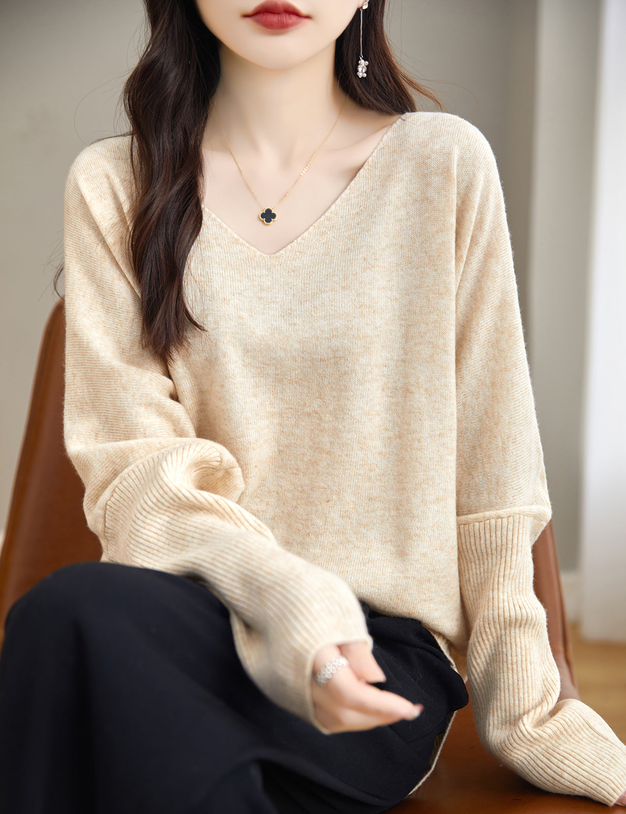 Jade Woman V Neck Long Sleeve Sweater