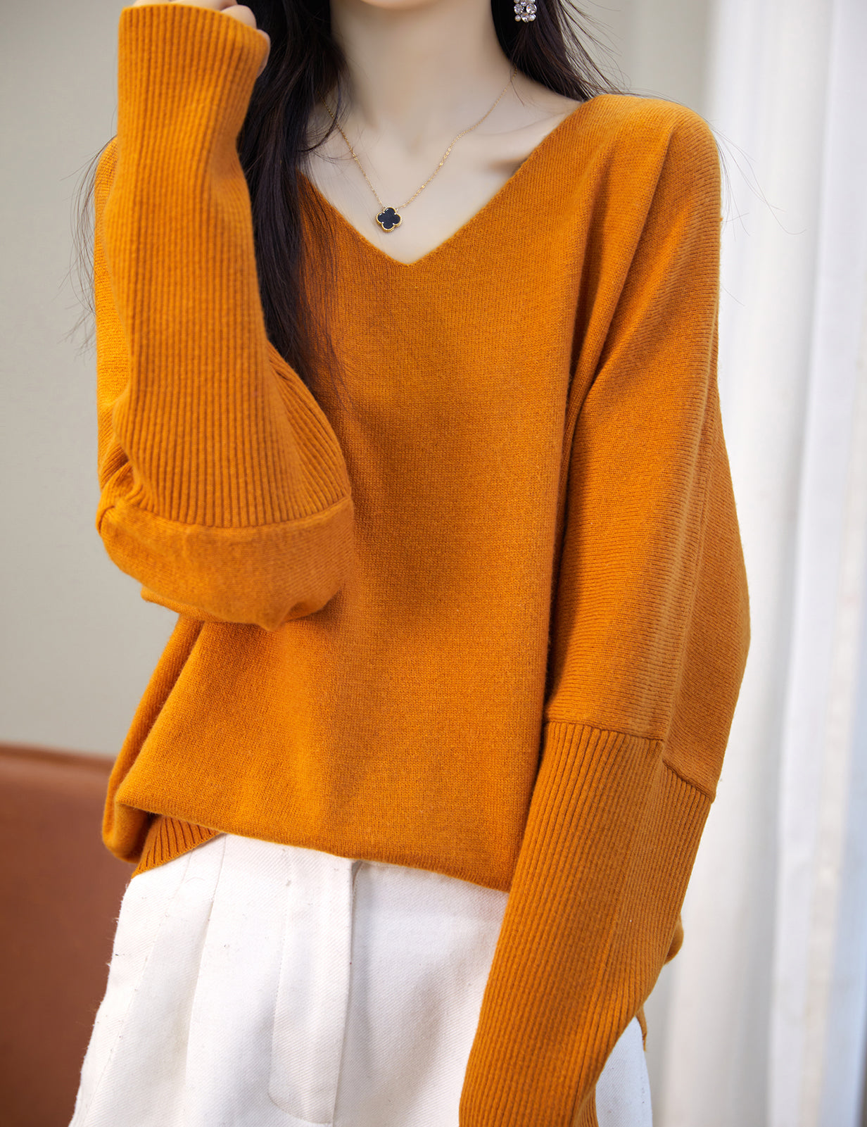 Jade Woman V Neck Long Sleeve Sweater