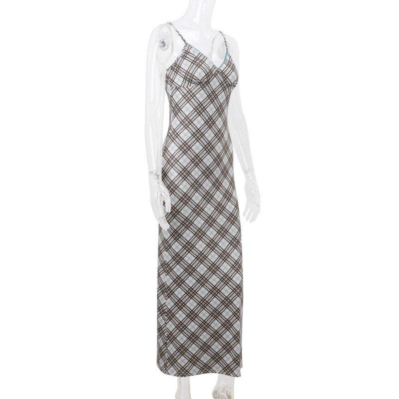 Patsy Spaghetti Strap Grid Long Dress