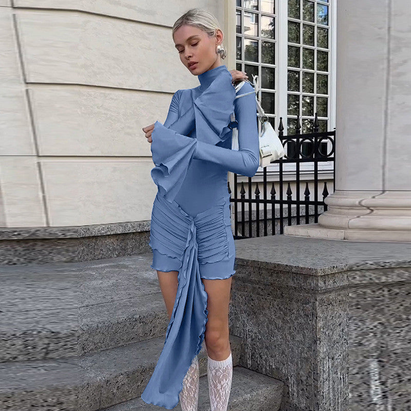 Sue Woman Flare Long Sleeve Draped Sexy Mini Dress