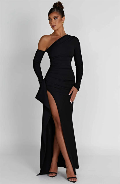 Natalie Oblique Shoulder Thigh High Split Maxi Dress