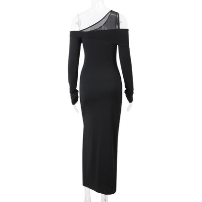Rebecca Black Oblique Shoulder Split Maxi Dress