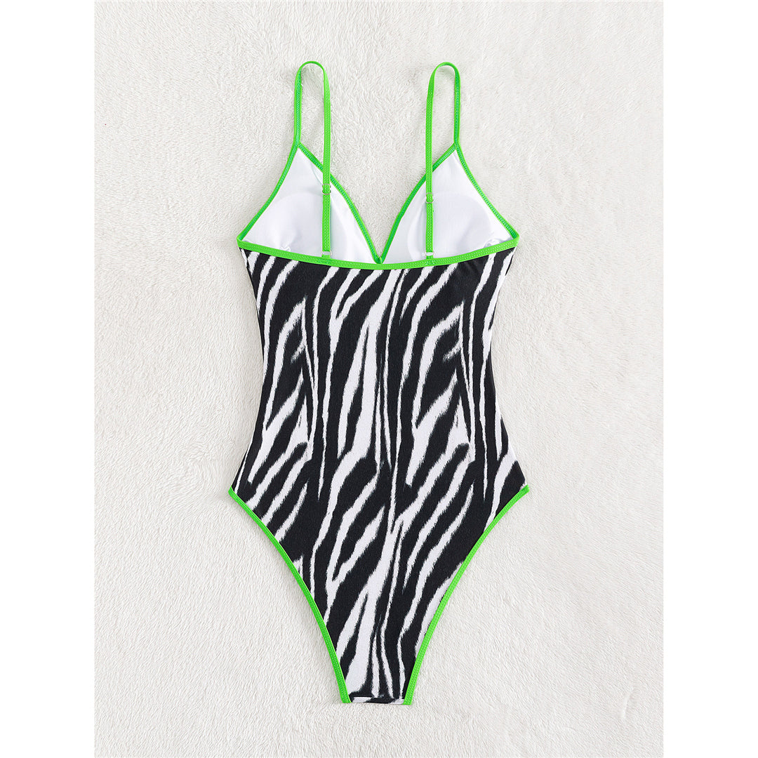 Rose Zebra Printed V Neck High Leg Cut One Piece Swimsuit