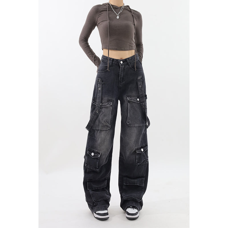 Molly Women Vintage Black Gothic Cargo Jeans