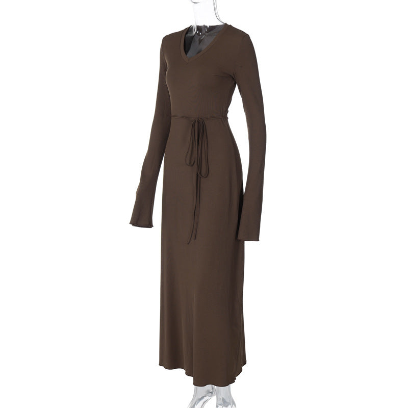 Shirley V Neck Lace-up Long Sleeve Maxi Dress