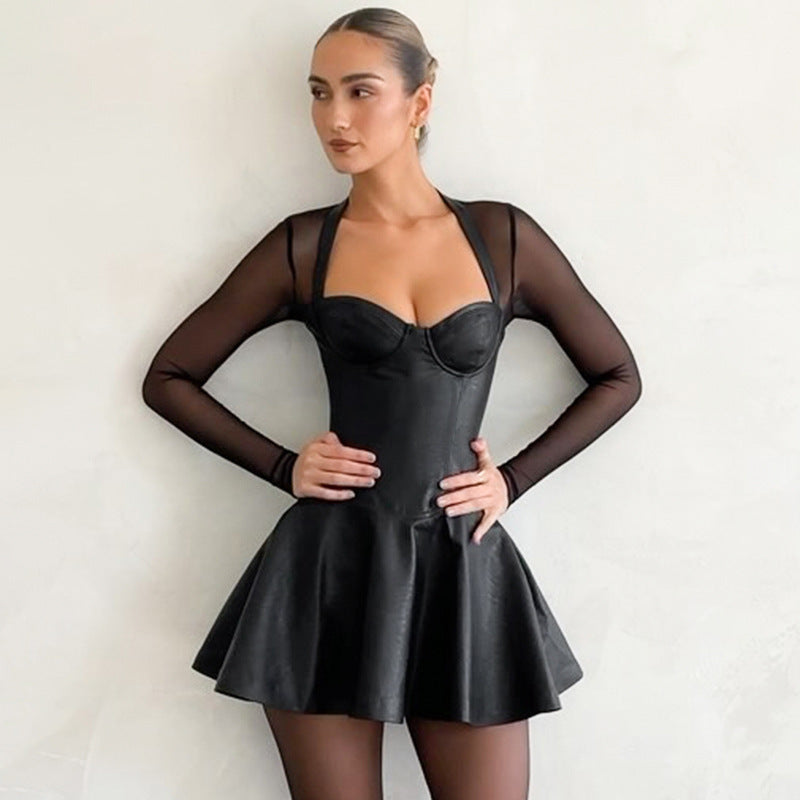 Yvonne Mesh Long Sleeve PU Leather Sexy Mini Dress