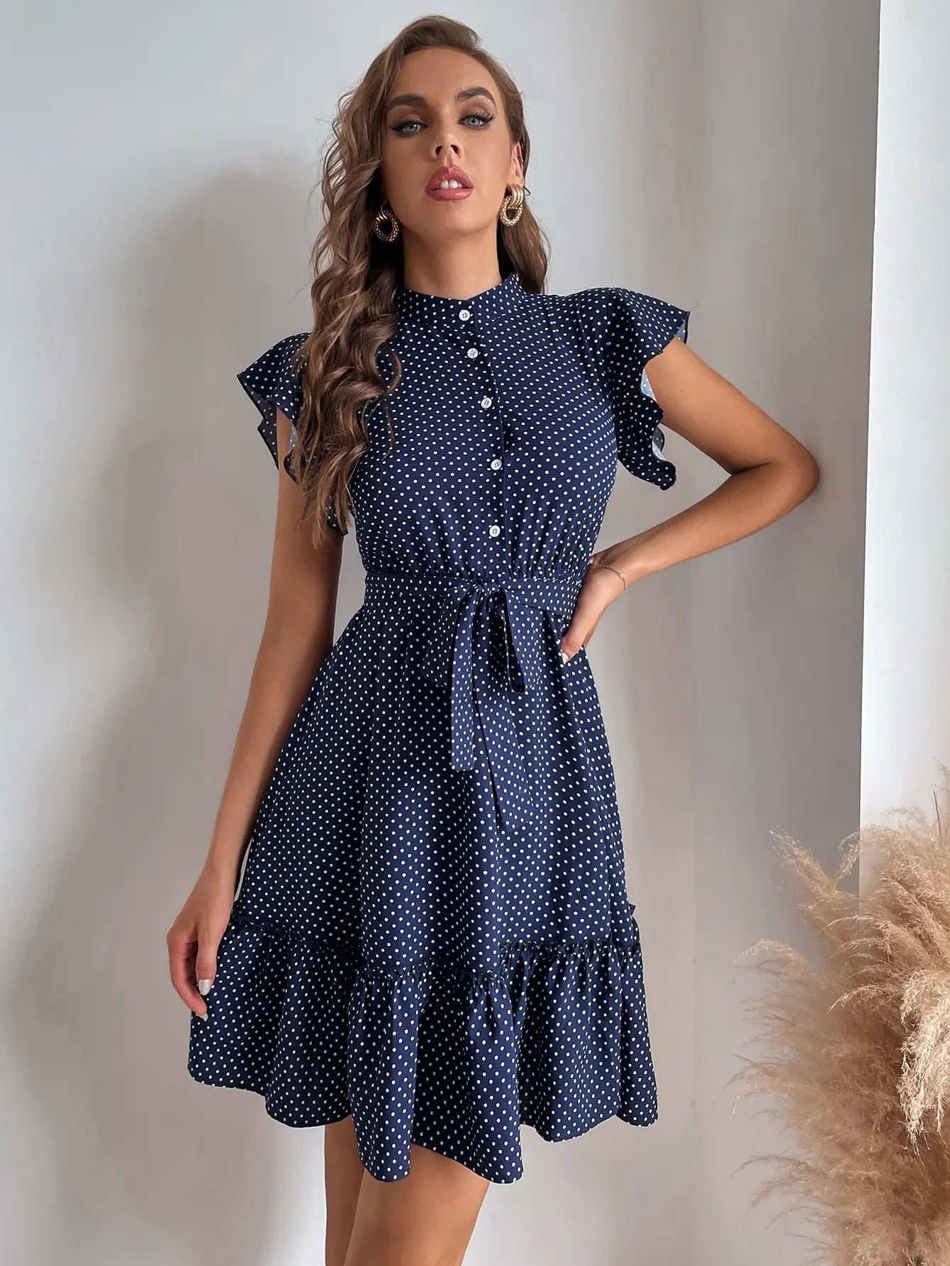 Grace Polka Dot Printed Butterfly Sleeves Dress