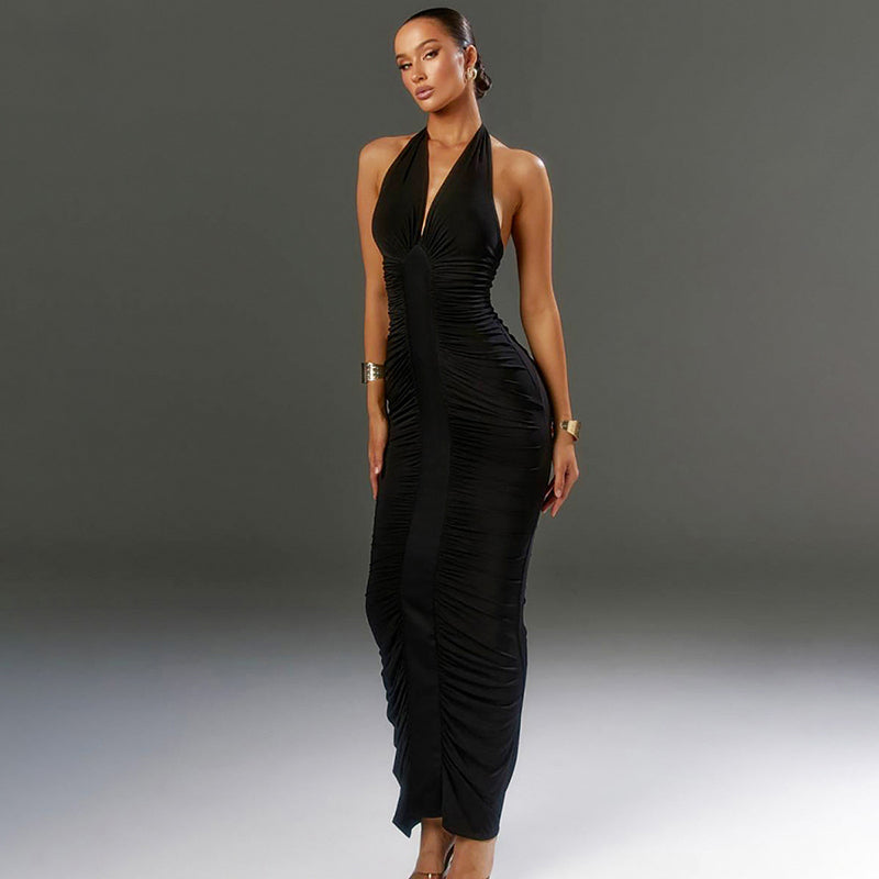 Wendy Halter Deep V Neck Sexy Maxi Dress