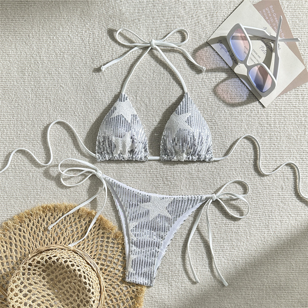 Sally New Shiny Sequins Halter High Leg Cut Bikini