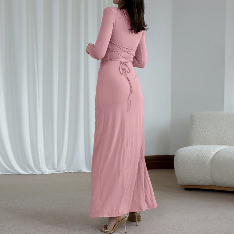 Aimee Sexy Long Sleeve Lace-up Thigh Spilt Maxi Dress