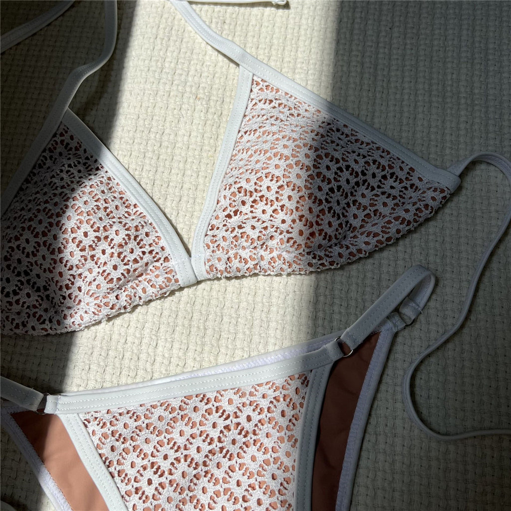 Monica Lace Hollow Out Halter High Leg Cut Bikini