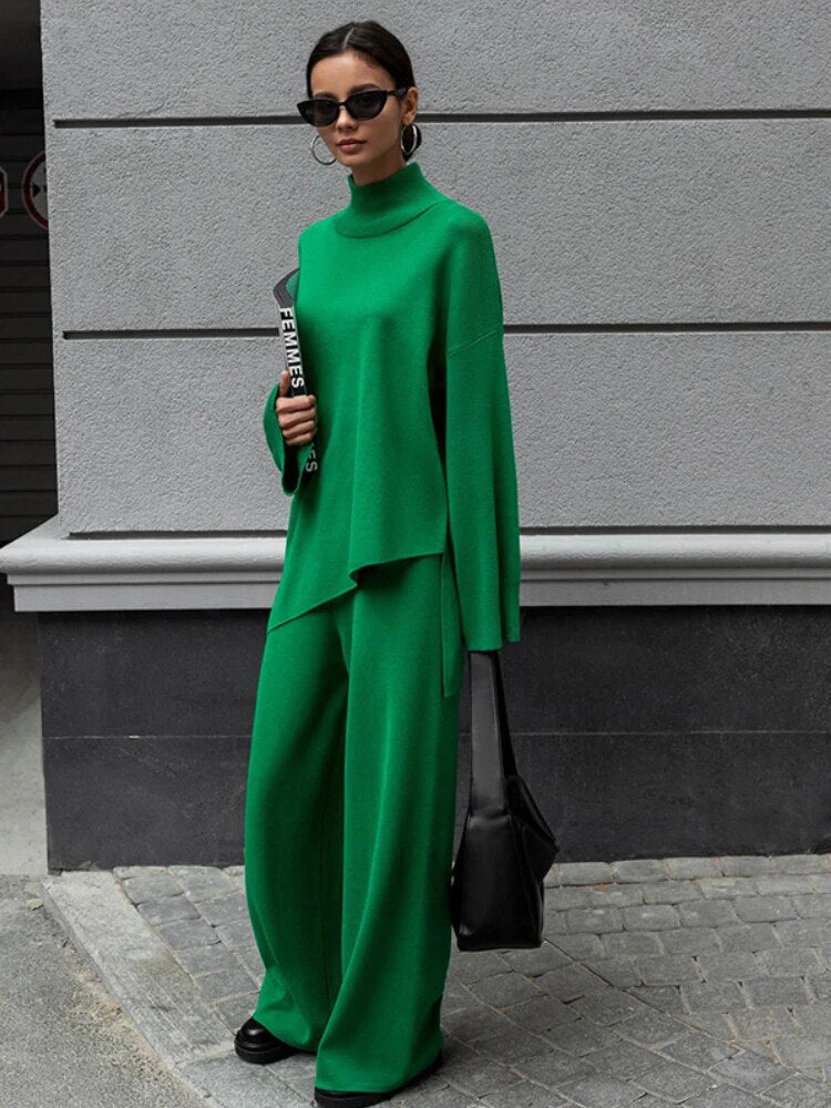 Miranda Women Irregular Turtleneck Sweater High Waist Leg Pant Suit