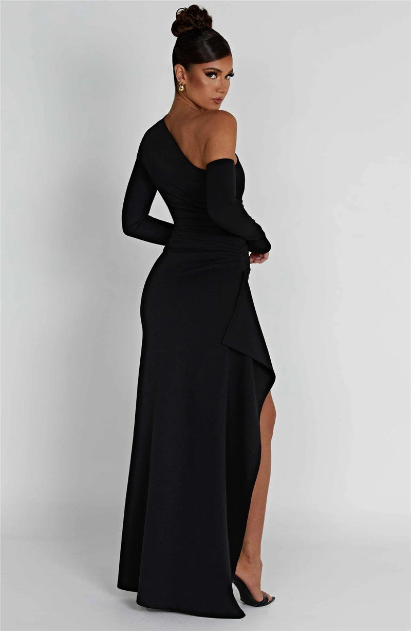 Natalie Oblique Shoulder Thigh High Split Maxi Dress