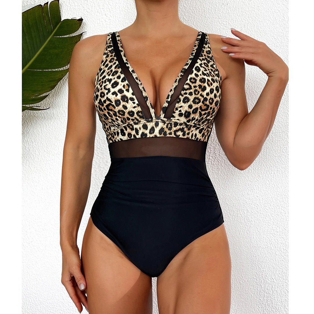 Fiona Mesh Sheer V Neck Leopard Printed Monokini