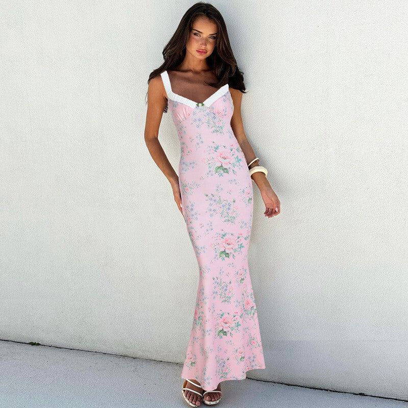 Whitney Pink Print Backless Sexy Maxi Dress