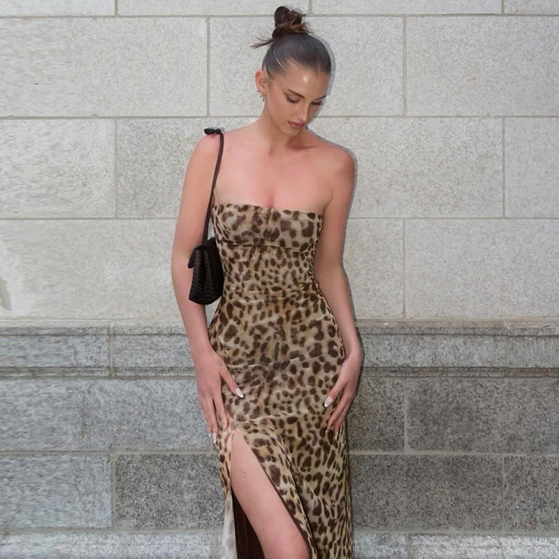 Ruby Vintage Leopard Print Sexy Straps Long Dress