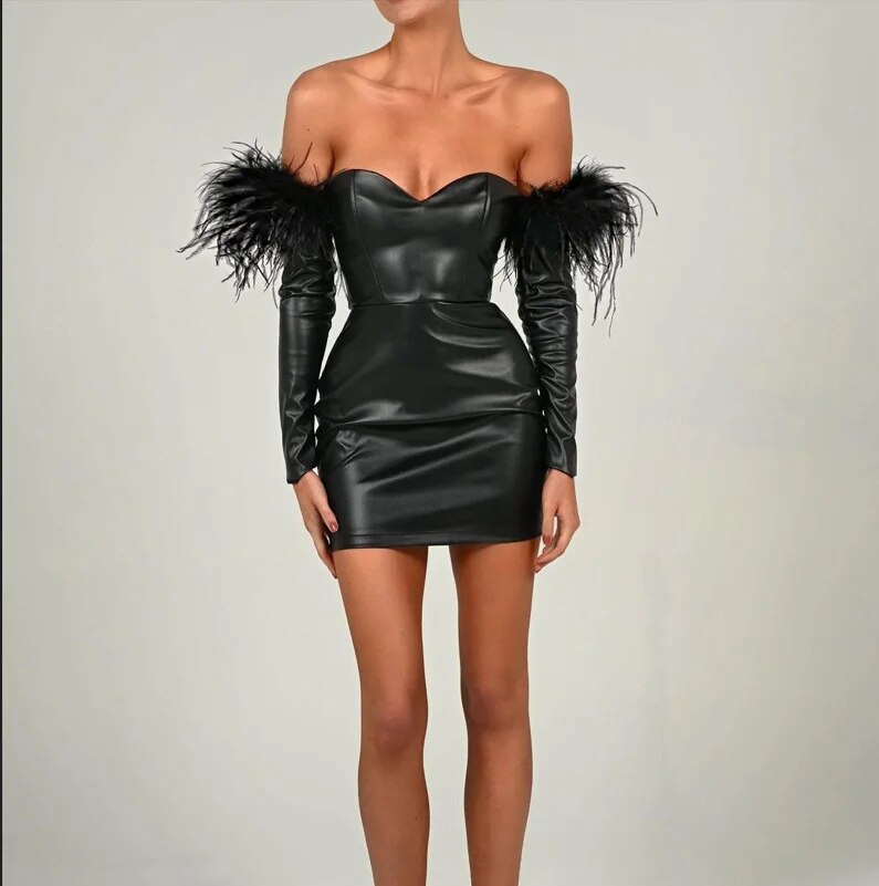 Beth Off-shoulder Feather Sleeve PU Leather Mini Dress