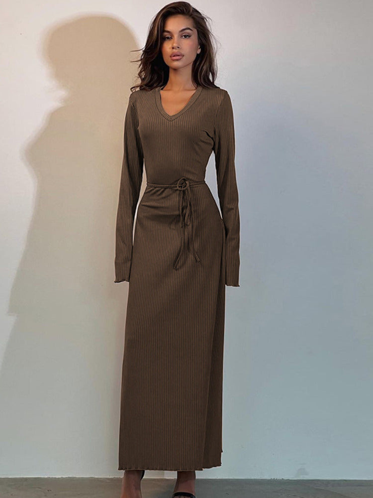 Shirley V Neck Lace-up Long Sleeve Maxi Dress